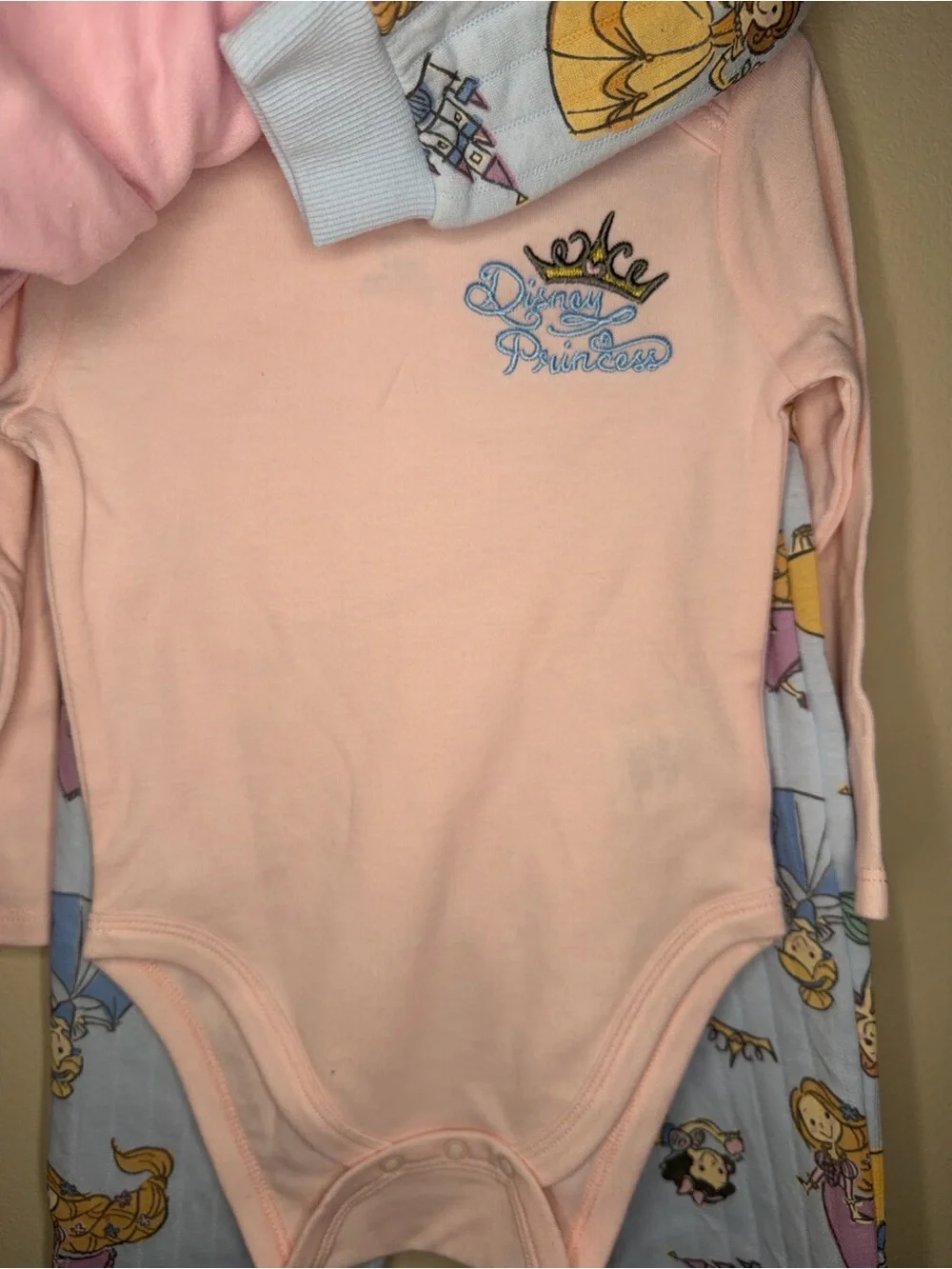 Disney Baby Girls Light Blue & Pink Princess Print One-Piece Bodysuit Set